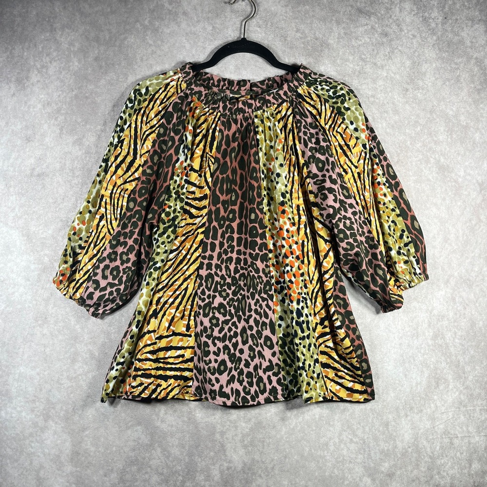 Voy Top Womens Size Medium Multicolor Animal Print 3/4 Sleeve Ruffle Neck Casual